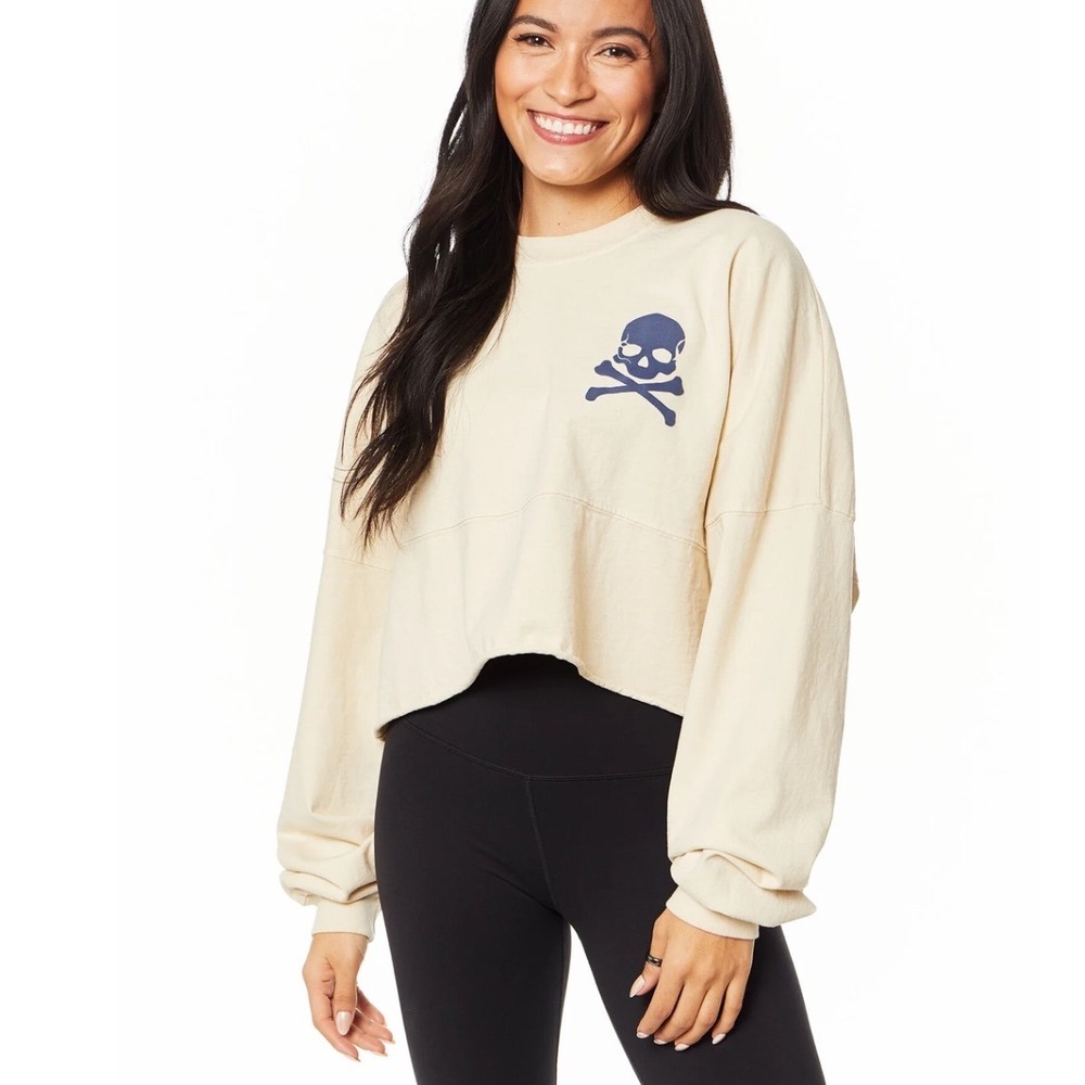 Spirit Jersey SoulCycle Cropped Long Sleeve Shirt Cream Blue Skull Large